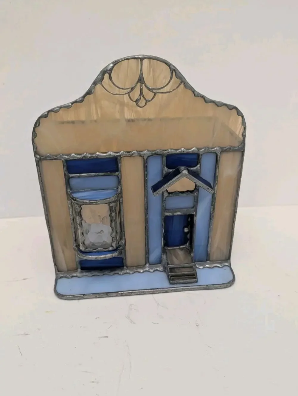 Adobe Stained Glass House Blue Tan Candle Holder 6.75 x 6 x 4.75 Vintage